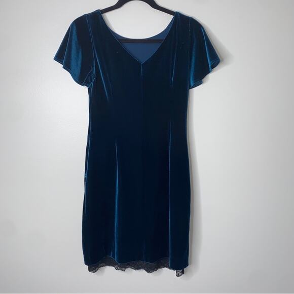 WHBM Teal Velvet Lace Trim Floral Embroidered Flounce Sleeve Dress XS Petite - Picture 5 of 11